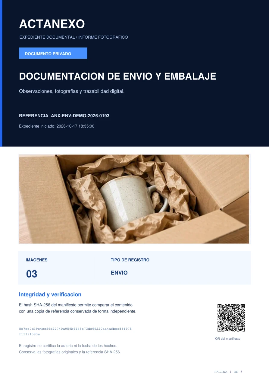 Primera página del PDF de muestra: Acta de embalaje y envío